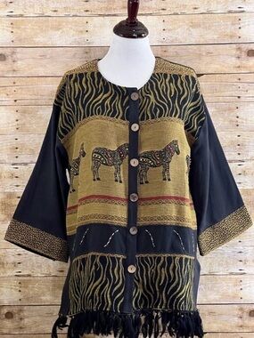 Vintage Zebra Tapestry Fringe Jacket Beaded Safari Art to Wear Black Gold Medium